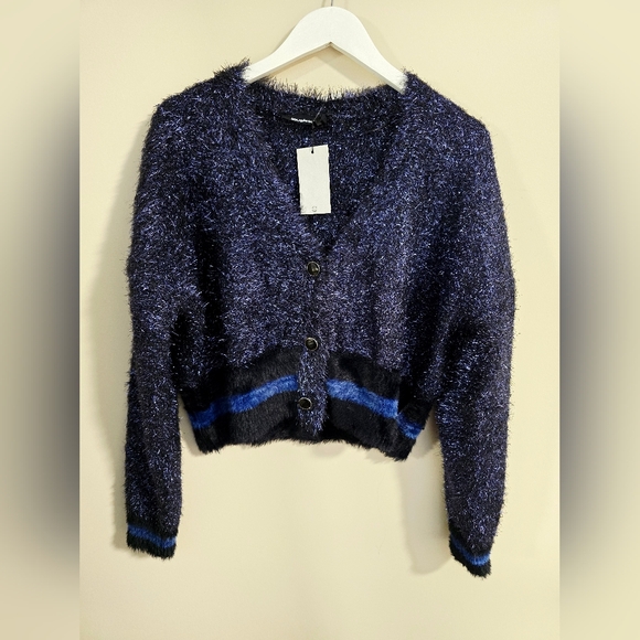 DESIGUAL Metallic Blue Black Moon Night Cardigan Sweater Party Evening M - Picture 8 of 8